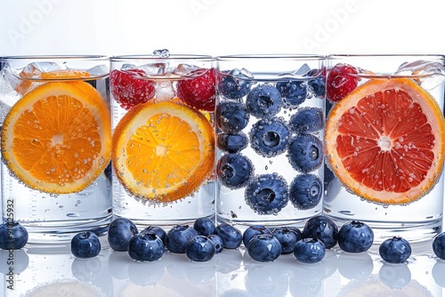 Four Glasses of Sparkling Water with Citrus Fruit and Berries photo