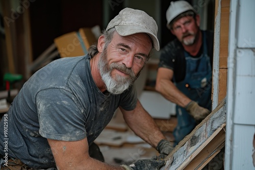 A cheerful construction worker is shown in mid-task, wearing a cap and work gloves, with another worker in the background focusing on renovation work in an indoor setting.