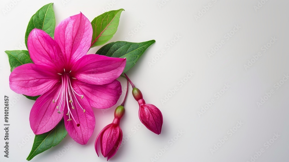 A vibrant fuchsia flower with lush green leaves, isolated on a white background, perfect for product advertisements with ample copy text space A vibrant fuchsia flower with lush green leaves, isolated on a white background, perfect for product advertisements with ample copy text space