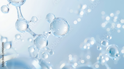 Hyaluronic acid molecules background. Collagen molecular structure. Bubbles, moisturiser, liquid essence, serum or toner, beauty and cosmetics background. Skin care. Amino acid chemical formula