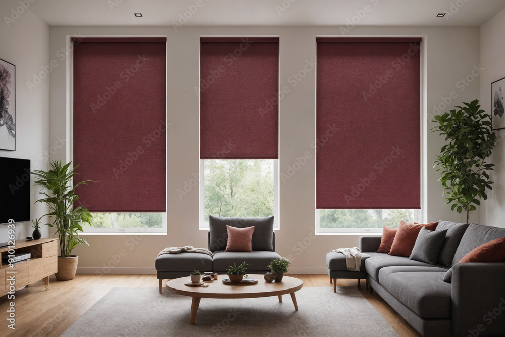 Burgundy blackout roller blind on windows in stylish modern living room. Shutters on the plastic window.