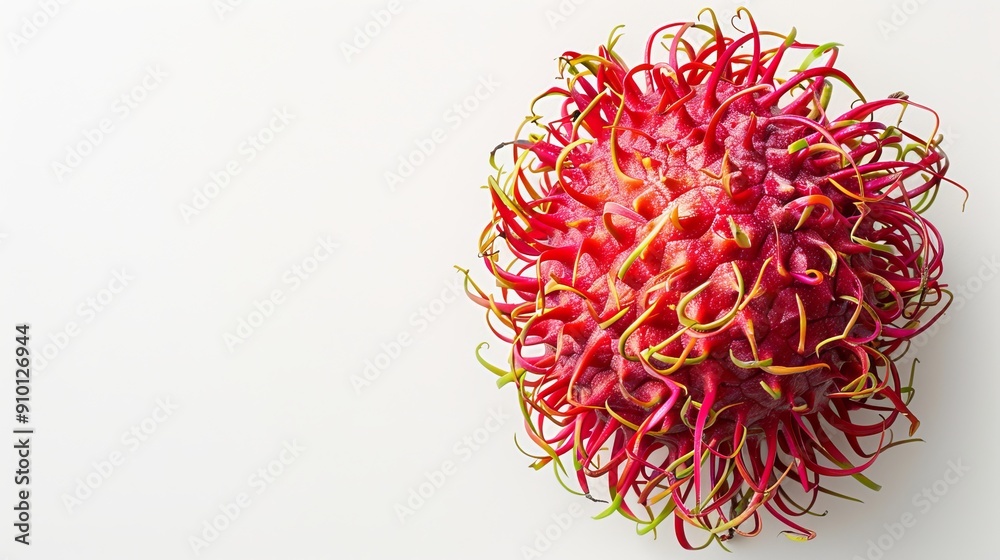 A vibrant rambutan with its spines fully displayed, isolated on a white background, perfect for product advertisements with ample copy text space A vibrant rambutan with its spines fully displayed, isolated on a white background, perfect for product advertisements with ample copy text space