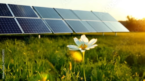 Solar farm panels in field white flower waving in foreground