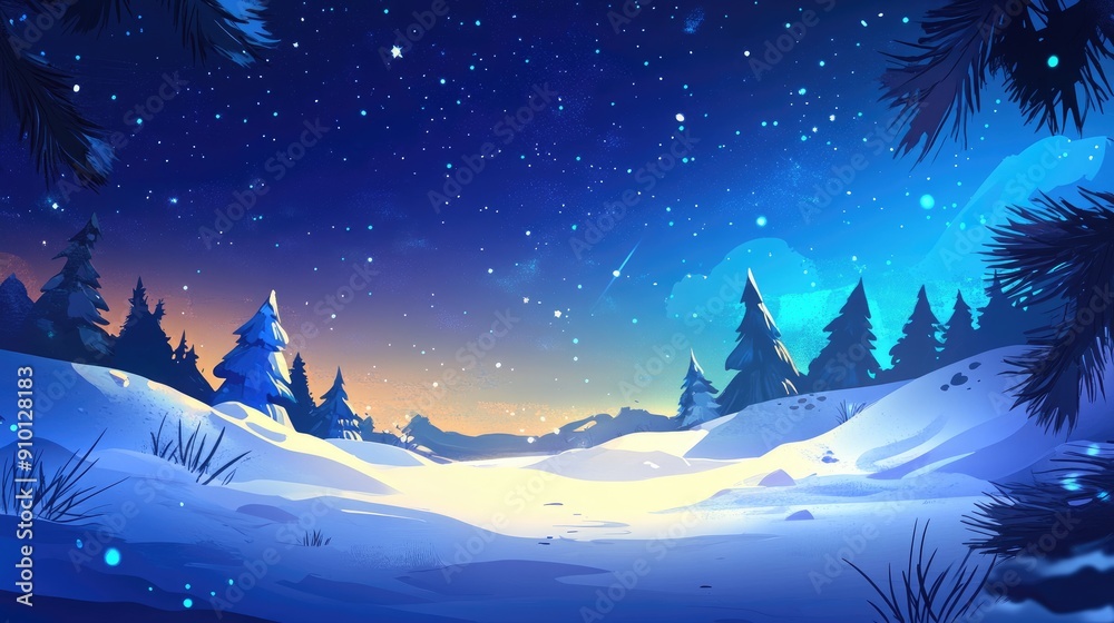 Fototapeta premium Serene cartoon winter night scene, with a snowy landscape and a bright, starry sky.
