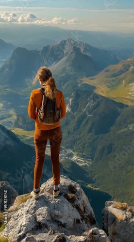 Woman hiking on mountain peak enjoying scenic view nature adventure and exploration