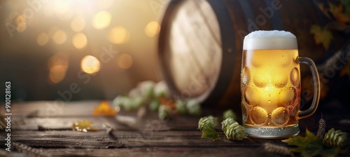 Golden Beer Mug With Frothy Head by Wooden Barrel on Rustic Table