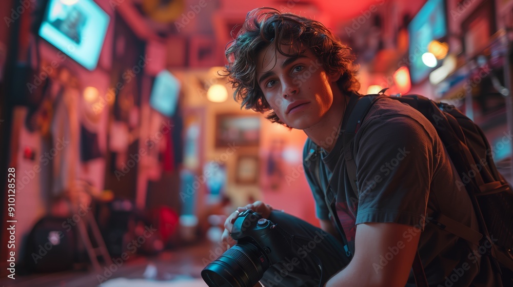 Young Photographer Among Colorful Lights Capturing Moments in Creative Space Late at Night Young Photographer Among Colorful Lights Capturing Moments in Creative Space Late at Night