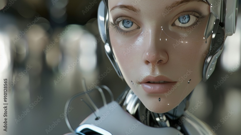 Hyper-realistic Female Android Robot with Lifelike Features, Optimized Lighting in UHD Detail, Robotic Technology and Artistry Hyper-realistic Female Android Robot with Lifelike Features, Optimized Lighting in UHD Detail, Robotic Technology and Artistry