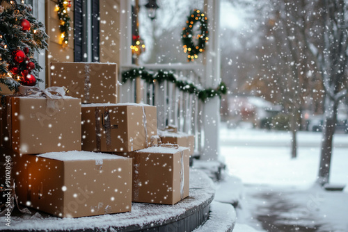 Snow covered customer packages on a holiday decorated porch during Christmas with copy space, holiday online shopping concept 