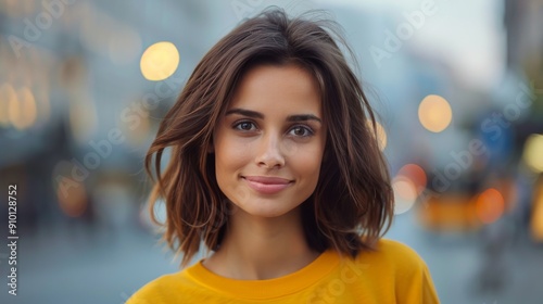 Smiling Woman in Yellow Top on a Sunlit Tropical Pathway