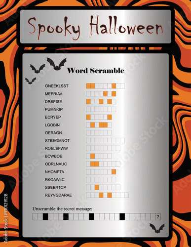 Halloween Word Scramble Game, Unscramble Secret Message, Fun Puzzle Activity, Kids and Adults, Promo, Promotion, Invitation, Party, Pub, Card, Illustration, Flyer, Background, Decoration