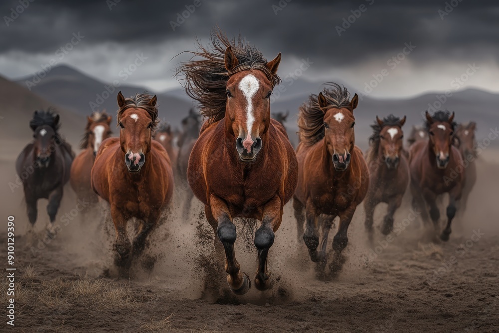 A group of horses is captured in full gallop across an open, dusty land with dark storm clouds brewing above, exuding a sense of freedom, strength, and primal energy. A group of horses is captured in full gallop across an open, dusty land with dark storm clouds brewing above, exuding a sense of freedom, strength, and primal energy.