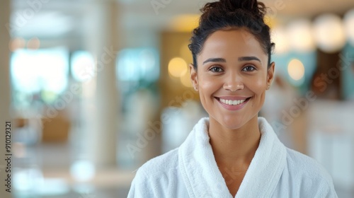Happy Woman in Spa Robe Smiling at Wellness Center During Relaxing Day