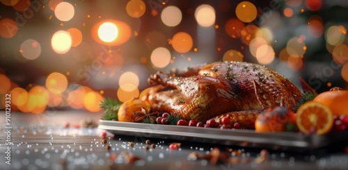 Roast Turkey on a Silver Platter Surrounded by Festive Decorations and Lights