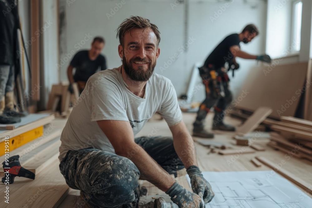 Smiling construction worker in dirty clothing holds building plans while sitting on the floor of an active construction site, with coworkers working in the background.