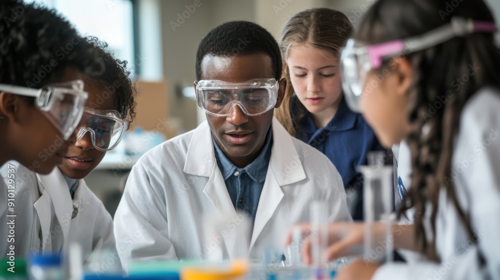 A vibrant and energetic scene of a group of students participating in a science experiment. The students, who come from diverse backgrounds, are gathered around a lab table, wearing safety goggles A vibrant and energetic scene of a group of students participating in a science experiment. The students, who come from diverse backgrounds, are gathered around a lab table, wearing safety goggles