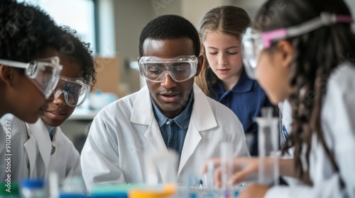A vibrant and energetic scene of a group of students participating in a science experiment. The students, who come from diverse backgrounds, are gathered around a lab table, wearing safety goggles