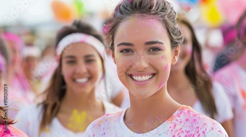 Joyful Woman Smiling With Colorful Powder at Outdoor Festival During Daylight
