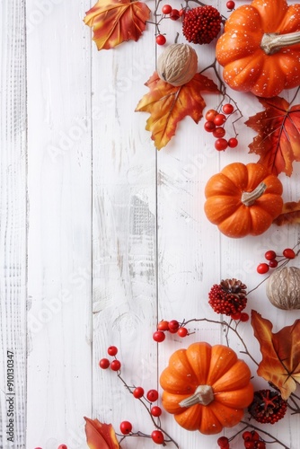 Festive autumn decor from pumpkins, berries and leaves on a white wooden background. Concept of Thanksgiving day or Halloween. Flat lay autumn composition with copy space