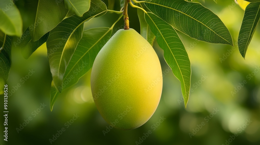 Unripe mango, seeking ripeness, talking to ripe mango, lush foliage, growth conversation