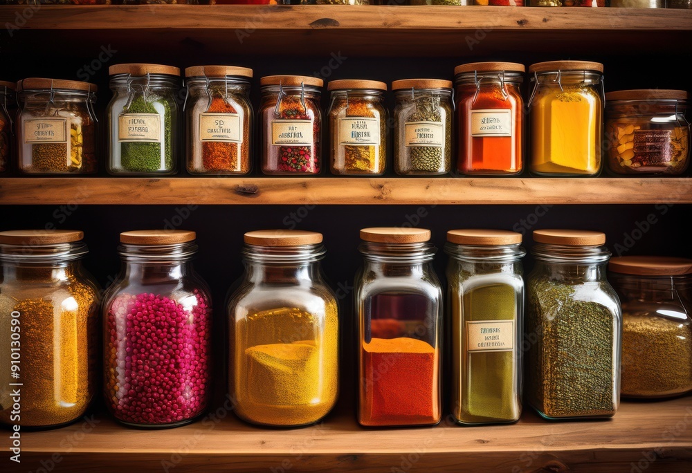colorful array spices showcased elegant glass jars captivating labels unique shapes creating visually appealing kitchen display, arrangement, decor, style colorful array spices showcased elegant glass jars captivating labels unique shapes creating visually appealing kitchen display, arrangement, decor, style