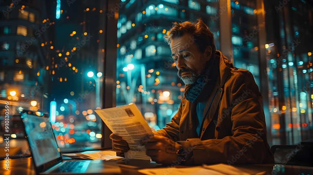 Focused Businessman Working Late in the City Lights at Night Focused Businessman Working Late in the City Lights at Night