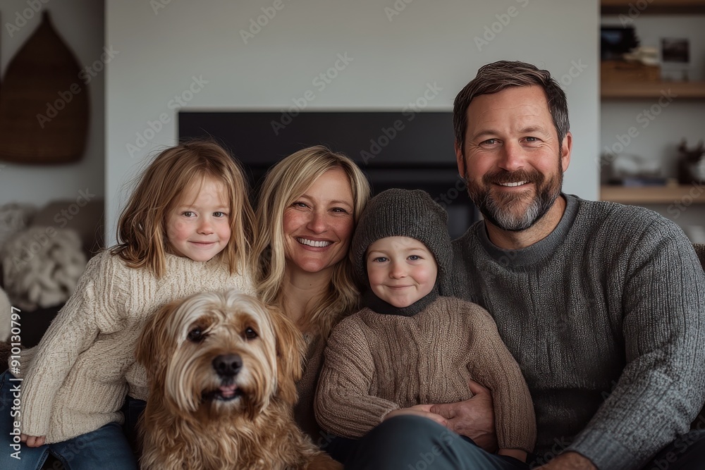 A joyful family of four, including two young children, pose happily with their fluffy pet dog in a cozy living room setting, exuding warmth and togetherness. A joyful family of four, including two young children, pose happily with their fluffy pet dog in a cozy living room setting, exuding warmth and togetherness.