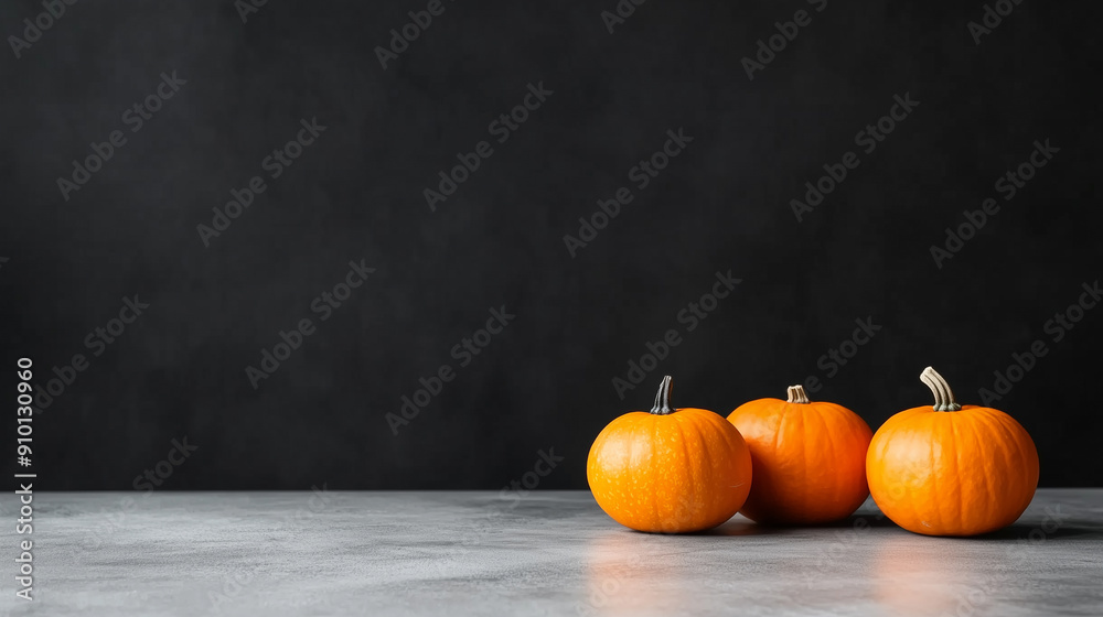 Three pumpkins are on a table in front of a black background Three pumpkins are on a table in front of a black background