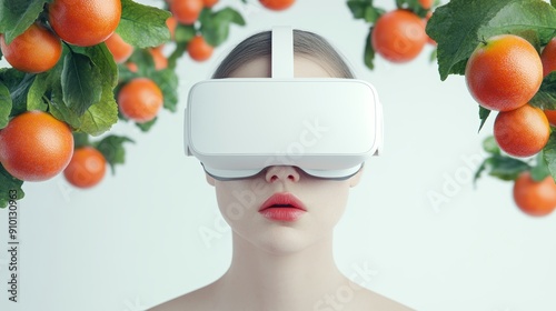 Virtual reality fruit tasting, simulated taste shifting, futuristic VR headset, digital landscape photo