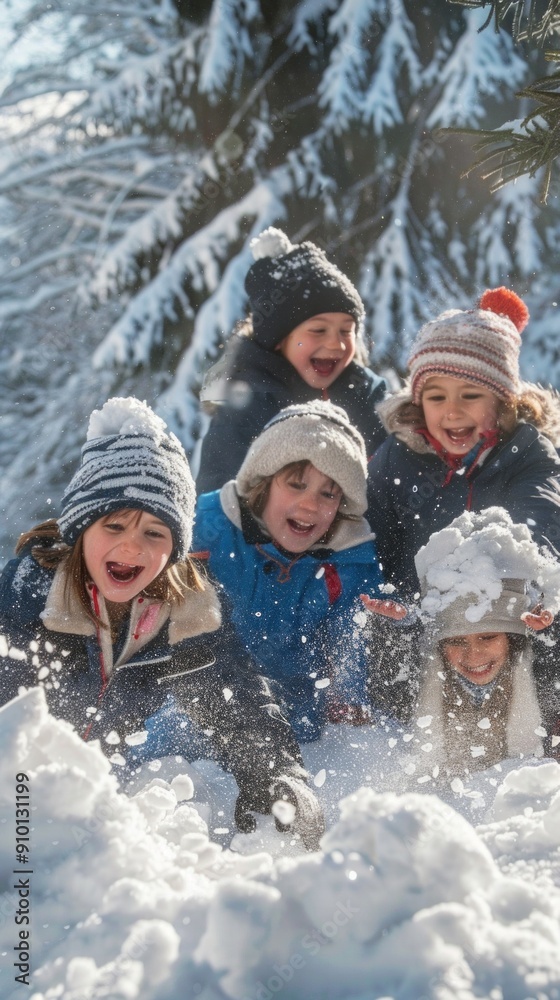 Five children in winter gear play in the snow amidst falling snowflakes. Their varied movements and joyful expressions capture the enchanting winter wonderland with evergreens in the background. Five children in winter gear play in the snow amidst falling snowflakes. Their varied movements and joyful expressions capture the enchanting winter wonderland with evergreens in the background.
