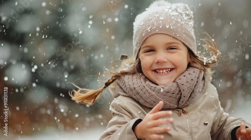 Smiling Woman Running in Snowy Park During Winter Afternoon
