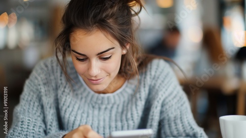 Young Woman Engaged With Smartphone in Cozy Cafe During Daytime