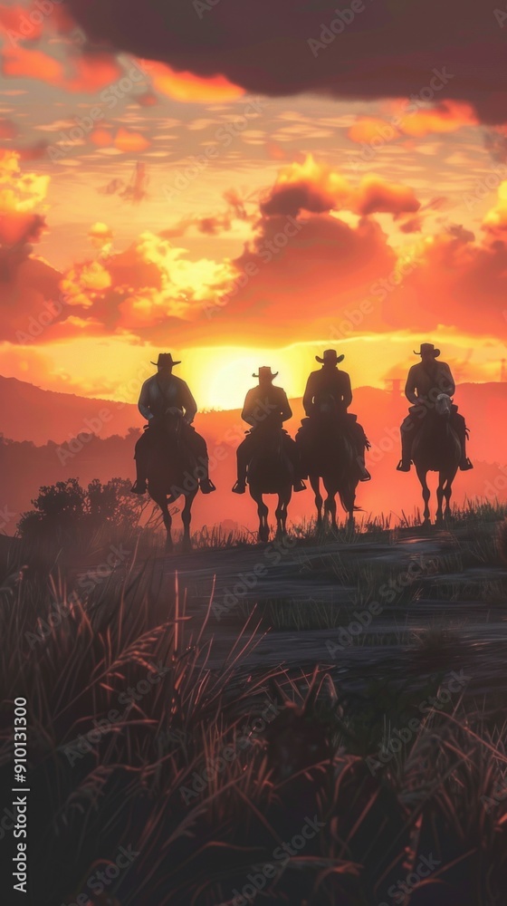 Four cowboys on horseback cross a wooden bridge at sunset, set against a vibrant sky and wild western landscape. The scene exudes adventure and the spirit of the old west. Four cowboys on horseback cross a wooden bridge at sunset, set against a vibrant sky and wild western landscape. The scene exudes adventure and the spirit of the old west.