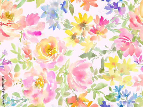 Fototapeta Naklejka Na Ścianę i Meble -  Colorful and abstract floral pattern painted in watercolor. Watercolor floral wallpaper. Seamless watercolor floral pattern.