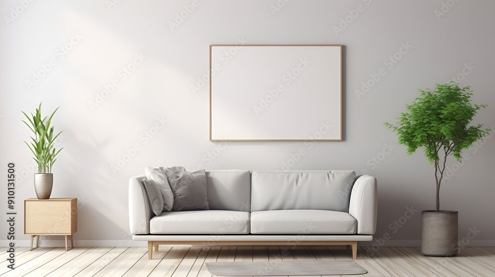 Interior of modern living room with white sofa and mock up poster ,interior background lifestyle comfortable empty scandinavian trendy concrete wall simple concrete decoration light