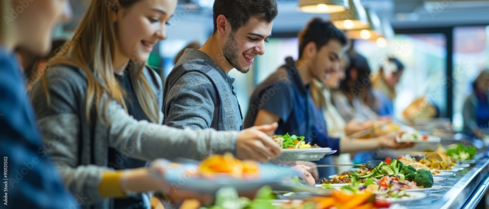 Students in a cafeteria buffet choosing salads, carrots and broccoli. A male student chooses his food, a female student next to him. school canteen environment, Students in a cafeteria buffet choosing salads, carrots and broccoli. A male student chooses his food, a female student next to him. school canteen environment,