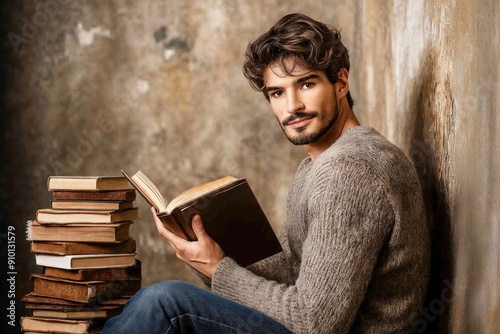 A young man sits on the floor between two stacks of books, reading a book. Reading and leisure concept.