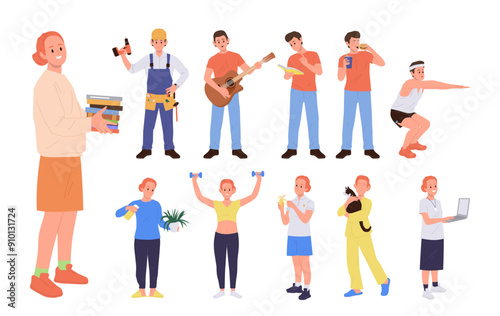Young man and woman cartoon characters daily chores, healthy lifestyle and job occupation set