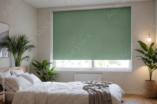 Green blackout roller blind on windows in stylish modern badroom. Shutters on the plastic window.