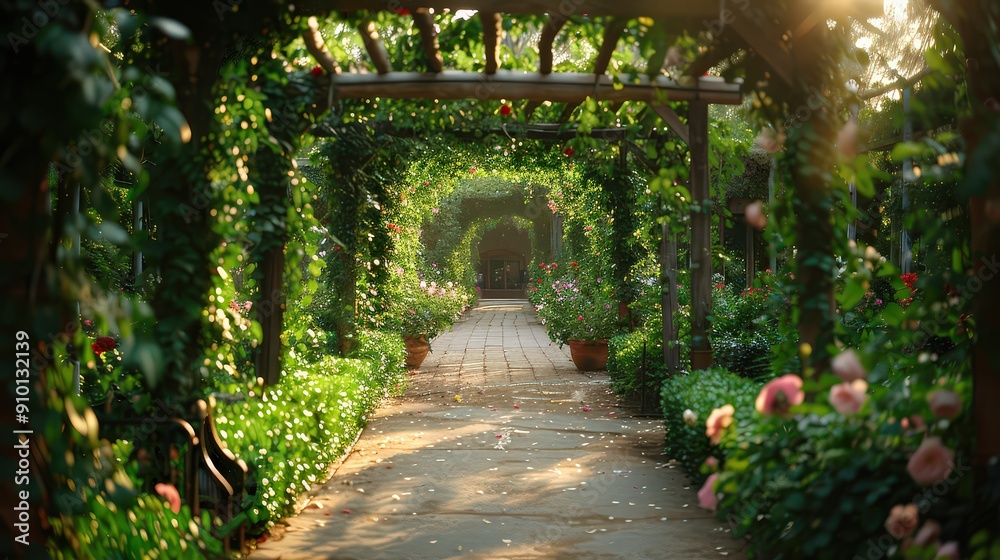 picturesque garden with trellises and arbors covered in climbing plants ...