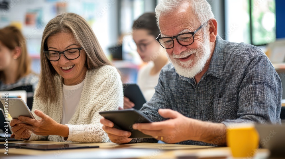 An elderly couple attending a technology class, learning how to use smartphones and tablets, with the instructor patiently explaining, showcasing the importance of digital literacy for all ages, the An elderly couple attending a technology class, learning how to use smartphones and tablets, with the instructor patiently explaining, showcasing the importance of digital literacy for all ages, the