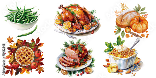 A collection of watercolor illustrations featuring a Thanksgiving feast with roasted turkey, ham, green beans, and a pumpkin pie, surrounded by autumn foliage. Watercolor Thanksgiving Feast 

