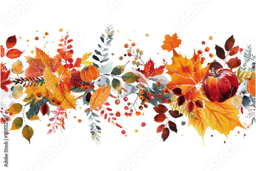 Watercolor illustration of a seamless autumn foliage banner featuring maple leaves, pumpkins, and berries in rich fall colors. Vibrant Autumn Watercolor Foliage Banner

