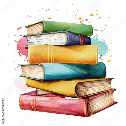 Vibrant watercolor illustration of a stacked collection of books in a spectrum of colors, splashed with artistic paint droplets. Colorful Stack of Books Watercolor Painting

