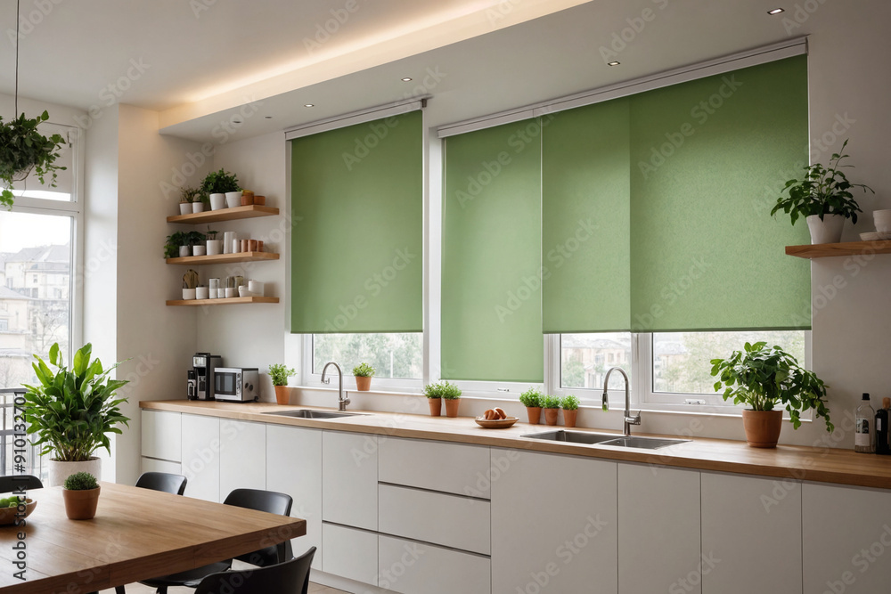 Green blackout roller blind on windows in stylish modern kitchen. Shutters on the plastic window. Green blackout roller blind on windows in stylish modern kitchen. Shutters on the plastic window.