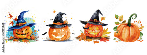 A series of watercolor illustrations featuring Halloween pumpkin heads adorned with witch hats, surrounded by autumn leaves. Halloween Pumpkin Heads with Witch Hats Watercolor

