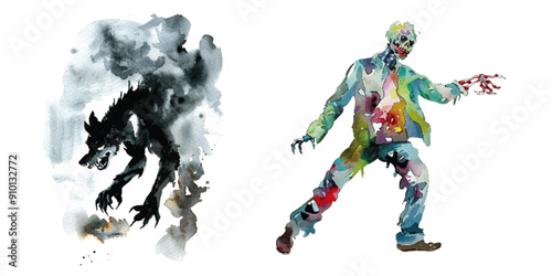 A set of haunting watercolor illustrations, one depicting a ferocious werewolf and the other a vividly detailed zombie, perfect for horror enthusiasts. Watercolor Werewolf and Zombie Illustrations


