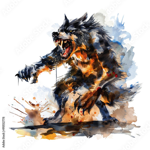 A powerful and expressive watercolor painting depicting a fierce werewolf in mid-action, showcasing vibrant colors and fluid motion. Dynamic Watercolor Painting of a Fierce Werewolf


