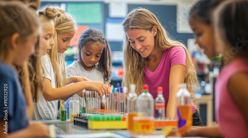 A bustling classroom where students are engaged in a hands-on science experiment, with the teacher providing guidance and encouragement, highlighting the excitement of discovery, the value of