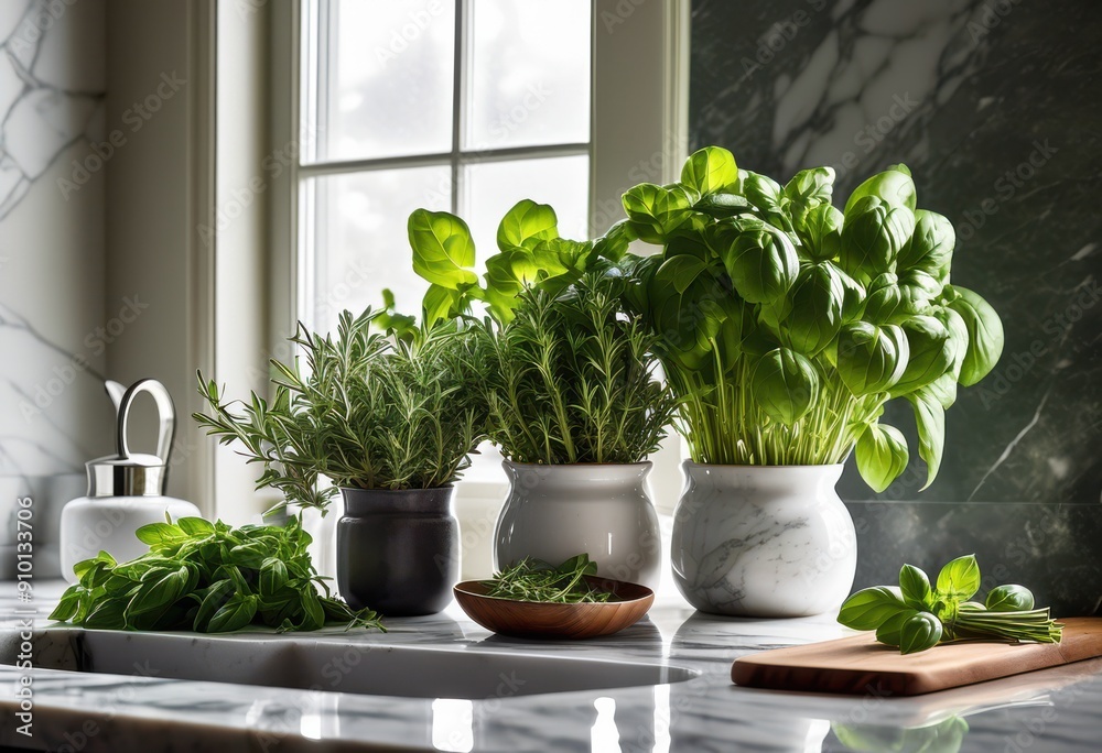 vibrant fragrant herbs artfully arranged sleek modern kitchen showcasing freshness culinary inspiration, countertop, basil, parsley, thyme, rosemary, dill vibrant fragrant herbs artfully arranged sleek modern kitchen showcasing freshness culinary inspiration, countertop, basil, parsley, thyme, rosemary, dill
